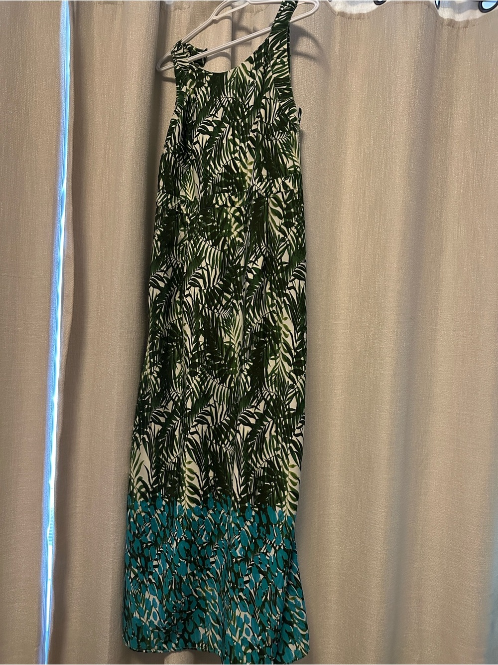 Green Leaf Print Maxi Skirt with Teal Border